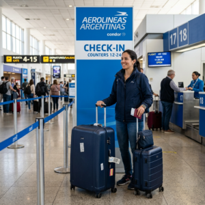 Traveler with two suitcases standing near Aerolineas Argentinas check-in counters in airport