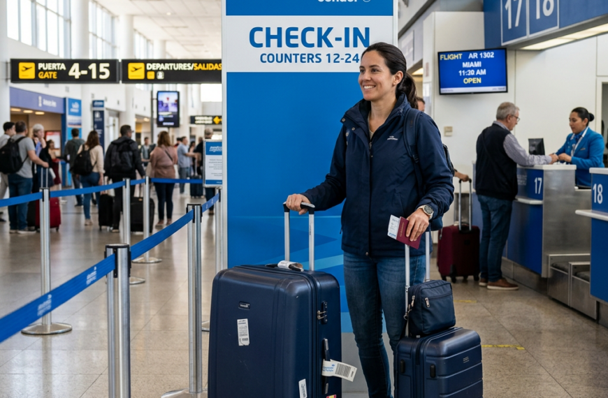 Traveler with two suitcases standing near Aerolineas Argentinas check-in counters in airport