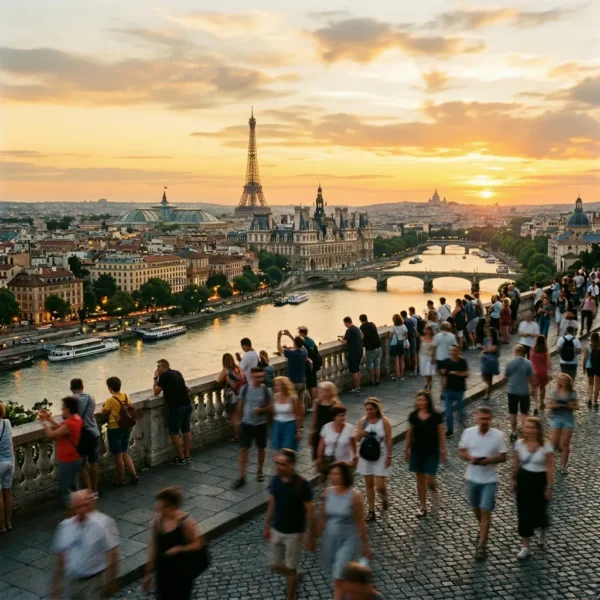 Panoramic cityscape featuring the Eiffel Tower, Sagrada Familia, Big Ben, and Colosseum at sunset with people on a promenade