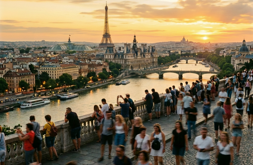 Panoramic cityscape featuring the Eiffel Tower, Sagrada Familia, Big Ben, and Colosseum at sunset with people on a promenade