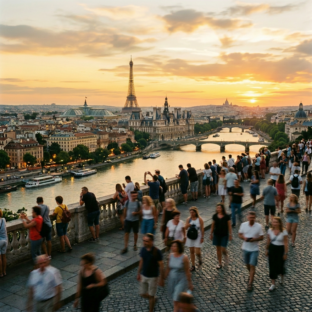 Panoramic cityscape featuring the Eiffel Tower, Sagrada Familia, Big Ben, and Colosseum at sunset with people on a promenade