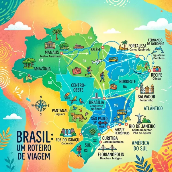 Map of Brazil featuring travel icons and routes connecting major tourist spots including Manaus, Brasília, São Paulo, Rio de Janeiro, and Recife.
