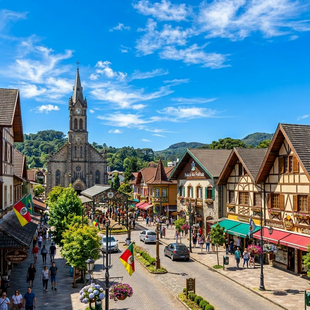 Street view of a lively mountain town with European-style buildings and a stone church tower under a bright blue sky