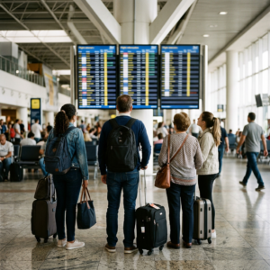 Four travelers with luggage viewing airport departure boards